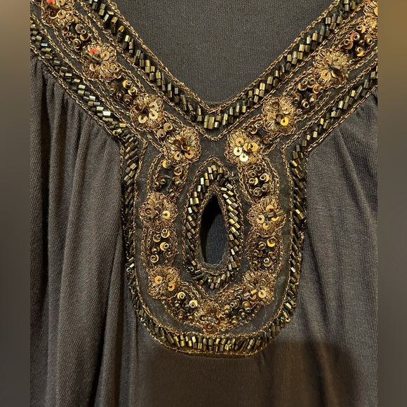 INC Petite M…chocolate brown long sleeved top. Copper bead and sequin neckline. - Picture 7 of 15